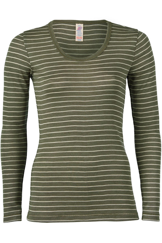 Wolle/Seide Langarm-Shirt für Damen gestreift in Olive/Natur von Engel Naturtextilien